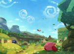  blue_sky bug butterfly castle castle_dedede cliff cloud day gooey_(kirby) grass highres kirby kirby:_star_allies kirby_(series) mountain outdoors revision running sky star_(symbol) suyasuyabi tree 