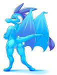  2018 amber_eyes amberpendant anthro barefoot biped blue_body blue_scales butt crossed_arms dragon feet female friendship_is_magic full-length_portrait genitals hi_res horn looking_at_viewer looking_back looking_back_at_viewer membrane_(anatomy) membranous_wings my_little_pony nude portrait princess_ember_(mlp) pussy rear_view scales simple_background solo tail_tuft tuft wings 