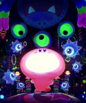  absurdres copy_ability dark extra_eyes fang glowing highres kirby kirby_(series) kirby_and_the_forgotten_land light light_bulb_mouth light_rays looking_at_another looking_down looking_up monster mouthful_mode neon_lights open_mouth star_(symbol) suyasuyabi walking 