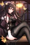  1girl 707arisu absurdres ass black_dress black_gloves black_thighhighs breasts brown_hair bug butterfly cleavage crossed_legs dress elbow_gloves flower-shaped_pupils genshin_impact gloves gradient_hair highres hu_tao_(genshin_impact) large_breasts long_hair looking_at_viewer multicolored_hair red_eyes red_hair solo symbol-shaped_pupils thighhighs twitter_username 