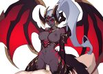  1boy 1girl breasts colored_sclera colored_skin cowgirl_position dark-skinned_female dark_skin distr dragon_tail dragon_wings grey_hair grey_skin grin hetero highres horns large_breasts long_hair navel nipples original penis pointy_ears ponytail pussy red_eyes red_sclera sex simple_background smile spread_wings straddling tail uncensored vaginal very_long_hair white_background wings 