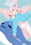  1girl :d absurdres aqua_background bikini blue_archive blue_eyes commentary_request eyewear_on_head frilled_bikini frills hair_bobbles hair_ornament halo heterochromia highres hoshino_(blue_archive) hoshino_(swimsuit)_(blue_archive) inflatable_toy inflatable_whale long_hair looking_at_viewer low_twintails mistel_(sukebemistel) navel official_alternate_costume open_mouth pink_hair simple_background smile sunglasses swimsuit twintails white_bikini white_halo yellow_eyes 