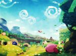  blue_sky bronto_burt bug butterfly castle castle_dedede cliff cloud day gooey_(kirby) grass highres kirby kirby:_star_allies kirby_(series) mountain noddy_(kirby) outdoors revision running sky star_(symbol) suyasuyabi tree 