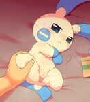  alacarte anus bedding bedding_background bodily_fluids disembodied_hand duo female generation_3_pokemon genitals hi_res human humanoid_hands leg_grab looking_at_viewer lying mammal minun nintendo nude on_back pokemon pokemon_(species) pussy sweat video_games white_body 