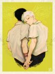  2boys absurdres alternate_eye_color black_hair black_pants border collared_shirt from_behind green_eyes highres hikaru_ga_shinda_natsu indou_hikaru looking_at_another male_focus max_art149 mole mole_on_arm multiple_boys multiple_moles pants scar scar_on_arm shirt short_hair short_sleeves signature tsujinaka_yoshiki upper_body white_border white_hair white_shirt yaoi 
