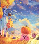  absurdres character_request cloud cloudy_sky day gooey_(kirby) grass grasslands highres kirby kirby_(series) leaf looking_up mushroom open_mouth outdoors pumpkin revision sky suyasuyabi tree 