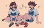 1boy 1girl alternate_costume animification braces brother_and_sister brown_hair dipper_pines fangs gravity_falls mabel_pines open_mouth shirt shoes short_hair shorts siblings sitting smile sneakers socks t-shirt teeth twins white_socks woo-saguchi-2013 