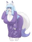  absurd_res anthro asian_clothing big_breasts breasts canid canine cleavage clothed clothing east_asian_clothing female fur hi_res huge_breasts inake japanese_clothing kimono mammal simple_background solo white_background white_body white_fur 