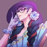  1girl bayonetta bayonetta_(series) bayonetta_3 black_hair braid dress earrings eyeshadow glasses gloves hat highres jewelry kara_namako lipstick long_hair looking_at_viewer makeup mole mole_under_mouth multicolored_hair red_hair simple_background smile solo streaked_hair twin_braids 