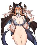  1girl blue_eyes boobplate breasts cleavage cleft_of_venus closed_mouth curled_horns detached_collar detached_sleeves distr dragon_girl dragon_tail fingernails hair_between_eyes hand_up highres horns large_breasts long_sleeves looking_at_viewer navel orange_hair original pussy scales sharp_fingernails silver_dragon_girl_(distr) simple_background smile solo standing tail uncensored veil white_background 