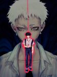  2boys absurdres backpack bag bags_under_eyes black_bag black_hair black_pants buttons collarbone collared_shirt full_body highres hikaru_ga_shinda_natsu indou_hikaru looking_at_viewer male_focus max_art149 melting_eyes mole mole_on_arm mole_on_cheek mole_under_mouth multiple_boys open_clothes open_shirt pants pocket red_pupils shirt shirt_tucked_in short_hair short_sleeves tsujinaka_yoshiki upper_body white_hair white_shirt 