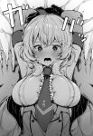  1girl bed_sheet between_breasts blush breasts colorado_(kancolle) gloves greyscale hair_between_eyes highres kantai_collection large_breasts monochrome necktie necktie_between_breasts open_mouth shirt short_hair sleeveless sleeveless_shirt solo_focus suzuki_toto upper_body 