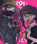  1boy 1girl :d absurdres arare_(op_ed_000) armband asa_me_daiki bandages bangs black_hair black_shirt braid buttons commentary_request danganronpa:_trigger_happy_havoc danganronpa_(series) danganronpa_v3:_killing_harmony genocider_shou glasses green_headwear green_jacket hat heart highres holding holding_scissors jacket long_hair long_sleeves looking_at_viewer mask mouth_mask orange_eyes pink_background round_eyewear sailor_collar school_uniform scissors sharp_teeth shinguuji_korekiyo shiny shiny_hair shirt short_sleeves smile spoken_heart teeth tongue tongue_out translation_request twin_braids twintails upper_body yellow_eyes 