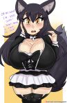  absurd_res animal_humanoid big_breasts black_hair blush bmayyneart breasts canid canid_humanoid canine canine_humanoid choker cleavage clothed clothing dialogue hair hi_res huge_breasts humanoid jewelry legwear mammal mammal_humanoid necklace thigh_highs yellow_eyes 