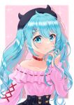  1girl :3 bangs beret blue_eyes blue_hair blush buttons choker cross-laced_sleeves fake_horns frilled_shirt frills hair_ornament hairclip hat hatsune_miku heart_button highres holding holding_hair horned_headwear horns long_hair long_sleeves looking_at_viewer nail_polish off-shoulder_shirt off_shoulder ribbon_trim rooibos scarf shirt skirt solo striped striped_scarf twintails underbust vocaloid 