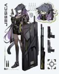  1girl animal_ears arknights artist_name black_hair black_pantyhose black_thighhighs breasts brown_shirt cat_ears cat_girl cat_tail character_name chibi chibi_inset coat crosshair green_eyes gun handgun headset highres holding holding_gun holding_weapon jessica_(arknights) jessica_the_liberated_(arknights) long_hair looking_at_viewer medium_breasts open_clothes open_coat pantyhose ponytail potettoe rifle rifle_cartridge shield shirt shorts single_leg_pantyhose single_thighhigh standing tail tearing_up thighhighs very_long_hair weapon white_background 