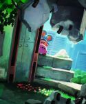  abandoned absurdres bandana bandana_waddle_dee building bush city concrete day elfilin flower grass highres kirby kirby_(series) kirby_and_the_forgotten_land leaf looking_to_the_side open_mouth outdoors revision rock scenery sky suyasuyabi 