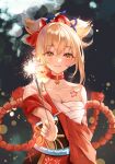  1girl absurdres arm_tattoo bangs blonde_hair blurry blurry_background blush bow breasts chest_sarashi choc choker cleavage closed_mouth cowboy_shot fingernails fireworks genshin_impact hair_bow highres holding_fireworks japanese_clothes kimono large_breasts looking_at_viewer nail_polish orange_kimono print_kimono red_choker sarashi shiny shiny_hair short_hair sidelocks smile solo sparkler standing tattoo two_side_up yellow_eyes yoimiya_(genshin_impact) 