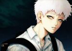  1boy absurdres adam's_apple backpack bag black_bag buttons closed_mouth collared_shirt highres hikaru_ga_shinda_natsu indou_hikaru male_focus max_art149 shirt short_hair signature solo upper_body white_hair white_shirt 