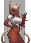  1girl :d absurdres animal_ear_fluff animal_ears blonde_hair bottomless breasts cat_ears cat_tail contrapposto dark-skinned_female dark_skin distr fang from_side grey_background hand_on_hip highres large_breasts long_hair looking_at_viewer looking_to_the_side original purple_eyes shirt short_sleeves signature skin_fang smile solo tail w white_shirt 