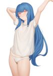  1girl arm_up blue_hair food fruit highres hinanawi_tenshi leaning_to_the_side light_smile long_hair ni_(221) no_headwear panties peach shirt short_sleeves simple_background solo touhou underwear white_background white_panties 