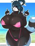  absurd_res ailurid anthro areola big_breasts bikini black_body black_fur breasts clothing female fur hi_res huge_breasts mammal red_panda saasmimz solo swimwear thick_thighs 