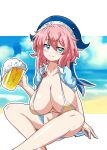  1girl alcohol animal_hat animal_print beer beer_mug bikini blue_headwear blue_shirt breasts cup fish_print hat highres large_breasts mug okunoda_miyoi pink_hair sagging_breasts shirt solo swimsuit touhou welchsbinn whale_hat whale_print 