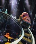  absurdres cart cave crab dark fire happy highres kirby kirby_(series) kirby_64 light light_rays magman molten_rock monster open_mouth railroad_tracks signature suyasuyabi tongue waddle_dee water waterfall 