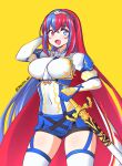  1girl alear_(fire_emblem)_(female) armor bangs blue_eyes braid breasts crossed_bangs crown_braid fire_emblem fire_emblem_engage heterochromia highres jarckius large_breasts long_hair looking_at_viewer medium_breasts multicolored_hair open_mouth red_eyes red_hair smile solo sword two-tone_hair very_long_hair weapon 