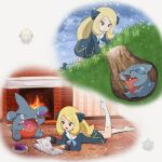  1girl :d absurdres aged_down black_dress blonde_hair book commentary_request cynthia_(pokemon) dress eating eyelashes fire fireplace flame food gible grass grey_eyes hair_ribbon highres leg_up long_hair long_sleeves lying on_stomach open_mouth plate pokemoa pokemon pokemon_(anime) pokemon_(creature) pokemon_journeys reading ribbon smile socks sprite white_socks 