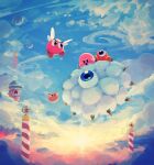  animal_ears balloon blue_eyes bronto_burt broom broom_riding cloud cloudy_sky creature day flying highres kirby kirby_(series) kracko monster one-eyed open_mouth pole riding scarfy sky smile spikes star_(symbol) sun sunlight suyasuyabi waddle_doo white_hair wings 