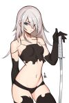  1girl android black_gloves black_panties black_thighhighs blue_eyes breasts closed_mouth distr elbow_gloves gloves grey_hair highres holding holding_sword holding_weapon joints katana long_hair looking_at_viewer navel nier_(series) nier_automata panties robot_joints simple_background small_breasts solo sword thighhighs underwear weapon white_background yorha_type_a_no._2 
