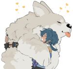  1boy animal blue_hair closed_mouth dark-skinned_male dark_skin dog earrings genshin_impact heart hug jewelry kaeya_(genshin_impact) long_hair low_ponytail male_focus monogusatar oversized_animal sketch smile solo teeth tongue tongue_out white_background 