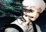  1boy absurdres adam's_apple backpack bag black_bag buttons closed_mouth collared_shirt highres hikaru_ga_shinda_natsu indou_hikaru male_focus max_art149 shirt short_hair simple_background solo white_background white_hair 