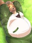  2022 anthro belly big_belly black_nose bottomwear brown_body clothing detailed_background eyes_closed hat headgear headwear hi_res kemono lifewonders lying male mammal outside overweight overweight_male pants solo sora_idiotka straw_hat tokyo_afterschool_summoners ursid video_games volos 