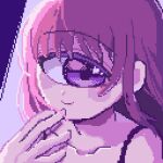  1girl azen_(mntimcczgrtn) collarbone cyclops floating_hair hand_to_own_mouth limited_palette looking_at_viewer one-eyed original pixel_art portrait purple_eyes purple_hair purple_theme sidelocks smile solo sparkling_eyes upper_body 