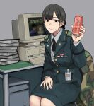  1girl at_computer badge bangs black_eyes black_hair book breasts buttons camouflage camouflage_jacket can collared_shirt commentary_request computer crt desk energy_drink epaulettes grey_background hair_between_eyes happy highres jacket keyboard_(computer) korean_text long_sleeves looking_at_viewer medium_breasts medium_hair military military_uniform monitor monster_energy name_tag open_mouth original perfect_han playing_games republic_of_korea_army ribbon_bar samsung shirt simple_background sitting skirt smile solo starcraft unbuttoned uniform white_shirt 