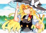 1girl :d apron black_headwear black_vest blonde_hair blurry blurry_background blurry_foreground bow braid broom depth_of_field hat hat_bow highres kirisame_marisa long_hair puffy_sleeves qqqrinkappp short_sleeves side_braid smile solo touhou vest waist_apron white_bow witch_hat yellow_eyes 
