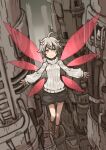  1girl ahoge black_skirt boots breasts brown_boots brown_hair brown_theme closed_mouth commentary_request detached_wings eeemuenu_(a.m.n.) flying full_body grey_hair highres industrial industrial_pipe ladder long_sleeves looking_at_viewer messy_hair miniskirt puffy_long_sleeves puffy_sleeves red_wings ribbed_sweater short_hair skirt smile solo sweater turtleneck turtleneck_sweater white_sweater wings withers yakitsuki_(withers) 