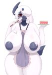  absol absurd_res anthro apron apron_only big_breasts breasts cake clothing dessert female food generation_3_pokemon hair hair_over_eye hi_res huge_breasts inake licking mostly_nude nintendo nipples one_eye_obstructed pokemon pokemon_(species) simple_background solo tongue tongue_out video_games white_background 
