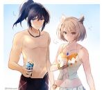  1boy 1girl animal_ears bikini_skirt black_hair bracelet cat_ears chest_jewel collarbone cup flying_sweatdrops grey_hair holding holding_cup jewelry leaf_(esabacoo) male_swimwear mio_(xenoblade) navel noah_(xenoblade) official_alternate_costume ponytail stomach swimsuit topless_male xenoblade_chronicles_(series) xenoblade_chronicles_3 