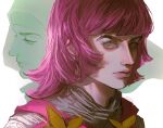  1girl blunt_bangs capelet closed_eyes clothing_cutout dual_persona flower_ornament grey_shirt highres hot_pants_(sbr) jojo_no_kimyou_na_bouken looking_at_viewer medium_hair mullet nun parted_lips pink_capelet pink_eyes pink_hair portrait reverse_trap shirt shoulder_cutout steel_ball_run uu0000322 white_background 