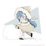  1girl 37_(maidjump_goods_cafe)_(reverse:1999) 37_(reverse:1999) :d black_shoes blue_eyes blue_hair chibi daku_k english_text from_side full_body hair_between_eyes hat highres long_hair looking_at_object official_alternate_costume open_mouth reverse:1999 shoes smile snow snowball socks solo triangle very_long_hair walking white_background white_socks yellow_cloak yellow_hat 
