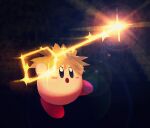  1other black_background black_eyes blush_stickers brown_hair copy_ability energy_weapon glowing holding holding_weapon keyblade kingdom_hearts kirby kirby_(series) no_humans open_mouth other_focus sora_(kingdom_hearts) sparkle spiked_hair super_smash_bros. suyasuyabi weapon 