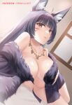  1girl ahoge animal_ear_fluff animal_ears azur_lane bangs black_hair black_skirt blunt_bangs breasts brown_eyes cleavage dutch_angle facial_mark feather_boa fox_ears highres indoors jewelry large_breasts long_hair looking_afar lying magatama magatama_necklace musashi_(azur_lane) necklace on_bed on_side open_clothes open_skirt parted_lips patreon_username sebu_illust sidelocks skirt solo thighs topless 