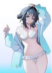 1girl ahoge arknights bikini black_hair blue_jacket breasts cameltoe closed_mouth distr grey_eyes hands_up highres jacket la_pluma_(arknights) la_pluma_(summer_flowers)_(arknights) looking_at_viewer medium_breasts mouth_hold navel open_clothes open_jacket solo swimsuit white_bikini 