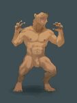  2019 abs animal_genitalia anthro brown_body brown_fur claws fully_sheathed fur genitals hi_res looking_at_viewer male mammal muscular navel nipples nude open_mouth pngx_(artist) pose raised_arms roaring sheath simple_background smile snarling solo standing ursid 