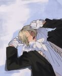  1boy ambroise_(riki0928) black_jacket blonde_hair blush brown_cardigan cardigan closed_eyes dark-skinned_male dark_skin fang fur-trimmed_jacket fur_trim gloves highres holding holding_snowball jacket lying male_focus on_back open_clothes open_jacket open_mouth original outdoors riki0928 scarf skin_fang smile snow snowball solo teeth tongue upper_body white_gloves white_scarf 