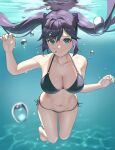  1girl aqua_eyes arm_up bare_shoulders bikini black_bikini black_hair breasts cleavage collarbone floating_hair full_body genshin_impact hair_ribbon hand_up highres large_breasts long_hair looking_at_viewer mona_(genshin_impact) navel parted_lips ribbon shiyorumone side-tie_bikini_bottom solo stomach submerged swimsuit thighs twintails underwater water 