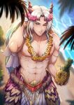  1boy abs absurdres beach butterfly_wings drinking_straw evomanaphy fire_emblem fire_emblem_heroes flower food freyr_(fire_emblem) from_above fruit fruit_cup gradient_hair green_hair hair_flower hair_ornament head_wreath highres horns jewelry long_hair looking_at_viewer male_focus male_swimwear multicolored_hair muscular muscular_male navel one_eye_closed pineapple pineapple_slice sand sweat swimsuit white_hair wings 